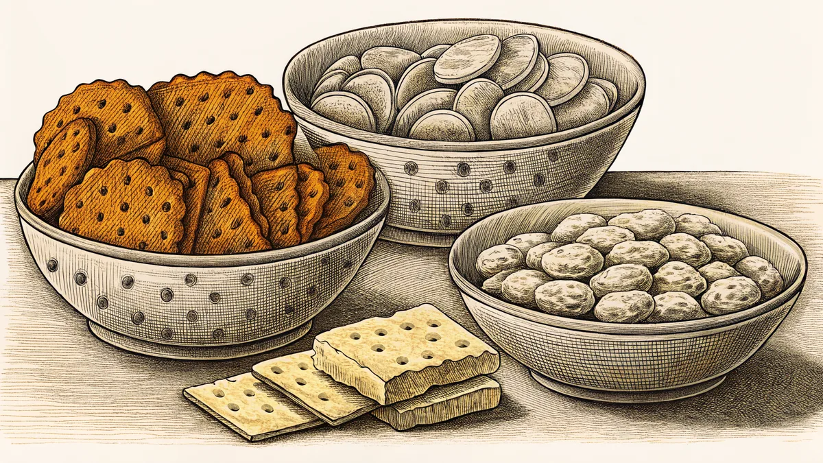 Processed convenience foods arrange on a pantry shelf.