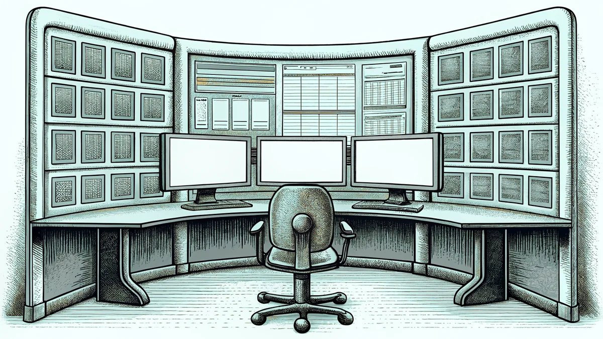 A coding workspace with multiple computer monitors and a mechanical keyboard.