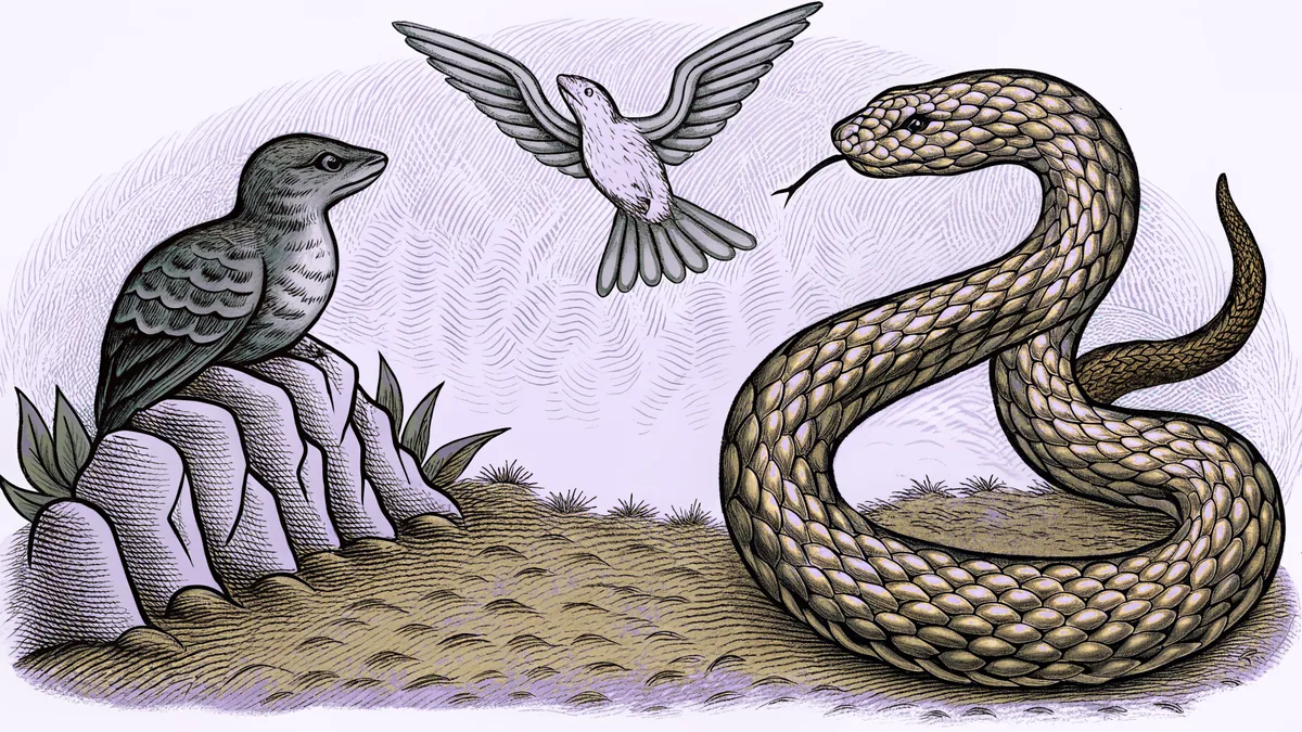A colorful gopher and python snake encounter a swift bird soaring over digital terrain.