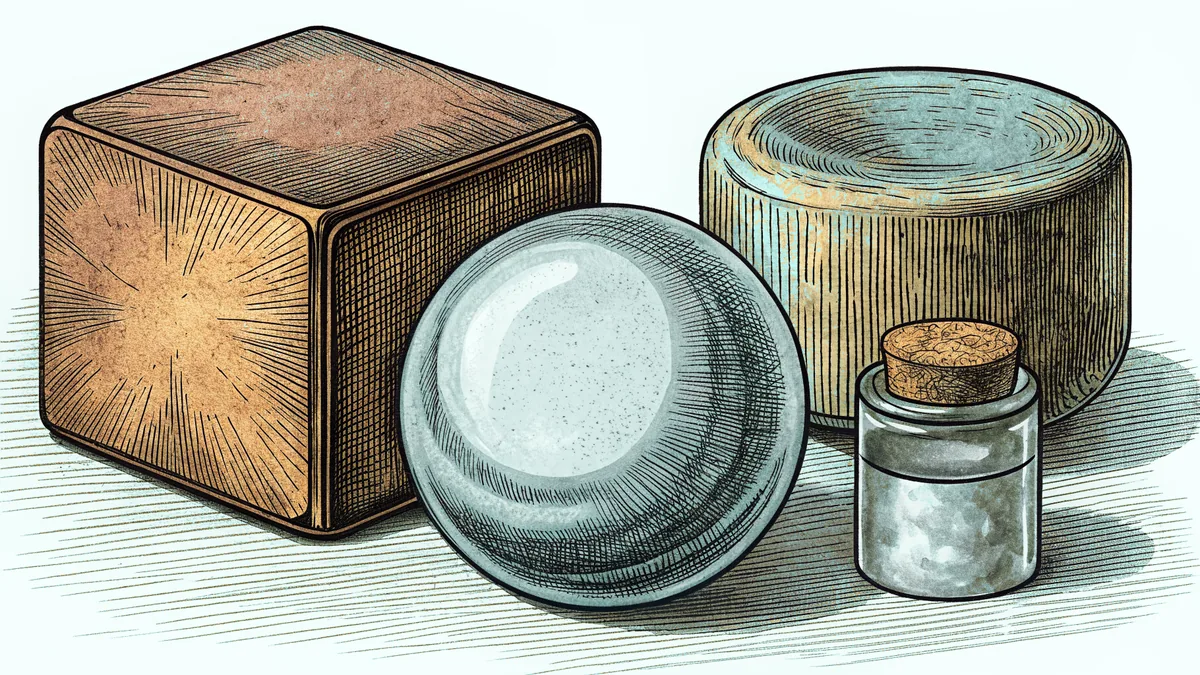 A copper cube, a clear glass marble and a cork stopper arranged in a row.