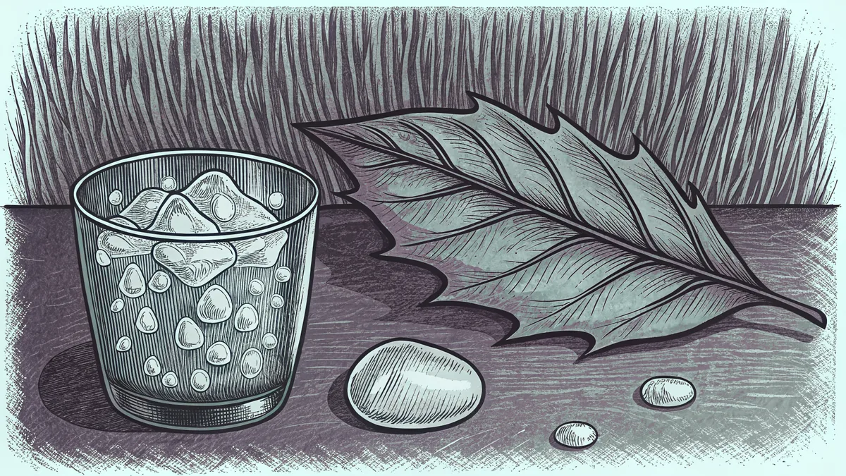 A round water droplet beads on a leaf beside a glass beaker filled with ice.
