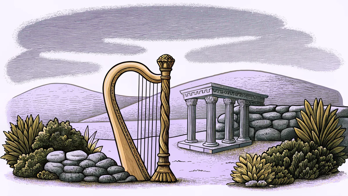 Beside a shepherd's staff rests a harp in a peaceful sanctuary