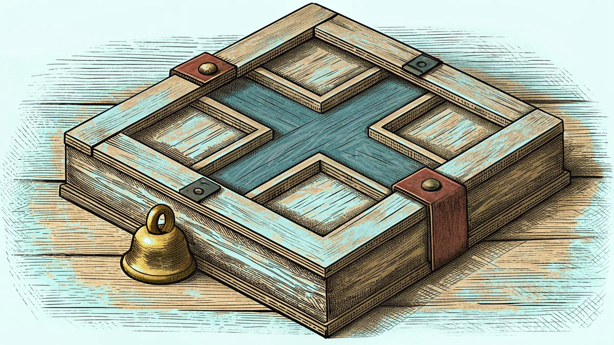 A wooden interlocking puzzle box beside a small brass bell on an oak surface.