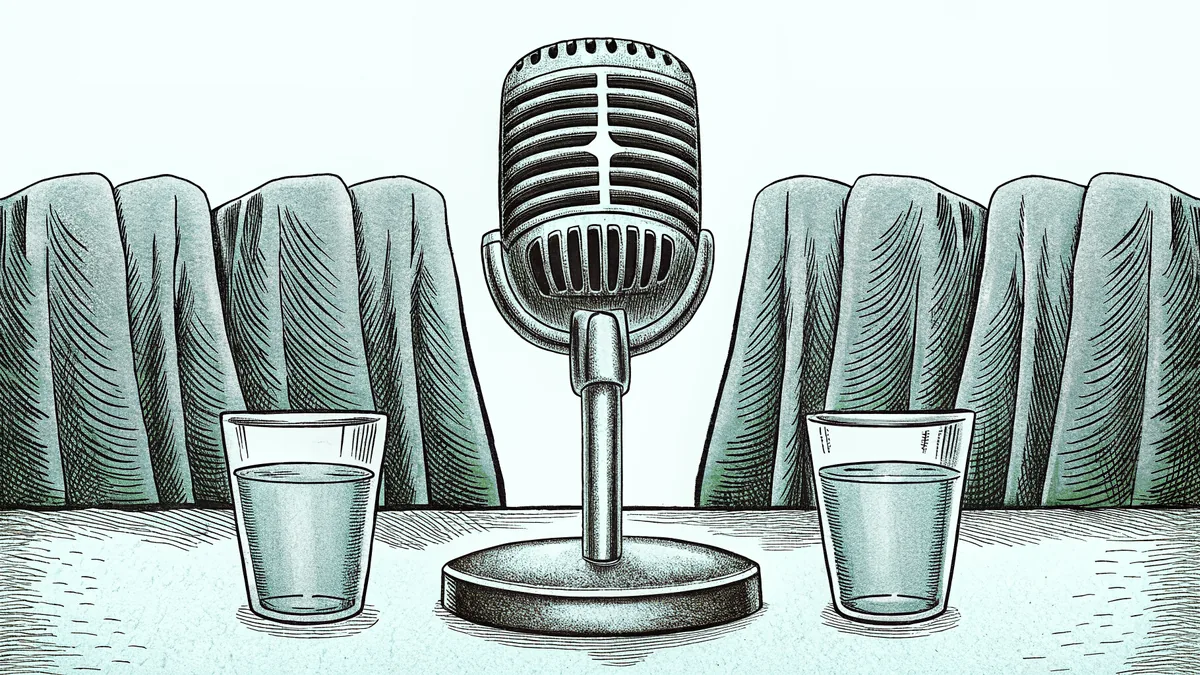 A chrome microphone between two tall glasses of water, against a heavy curtain.