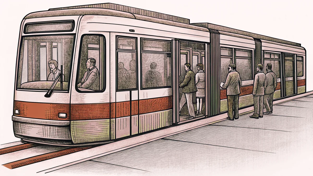A sleek tram stops at a busy urban transit station with waiting passengers on the platform.
