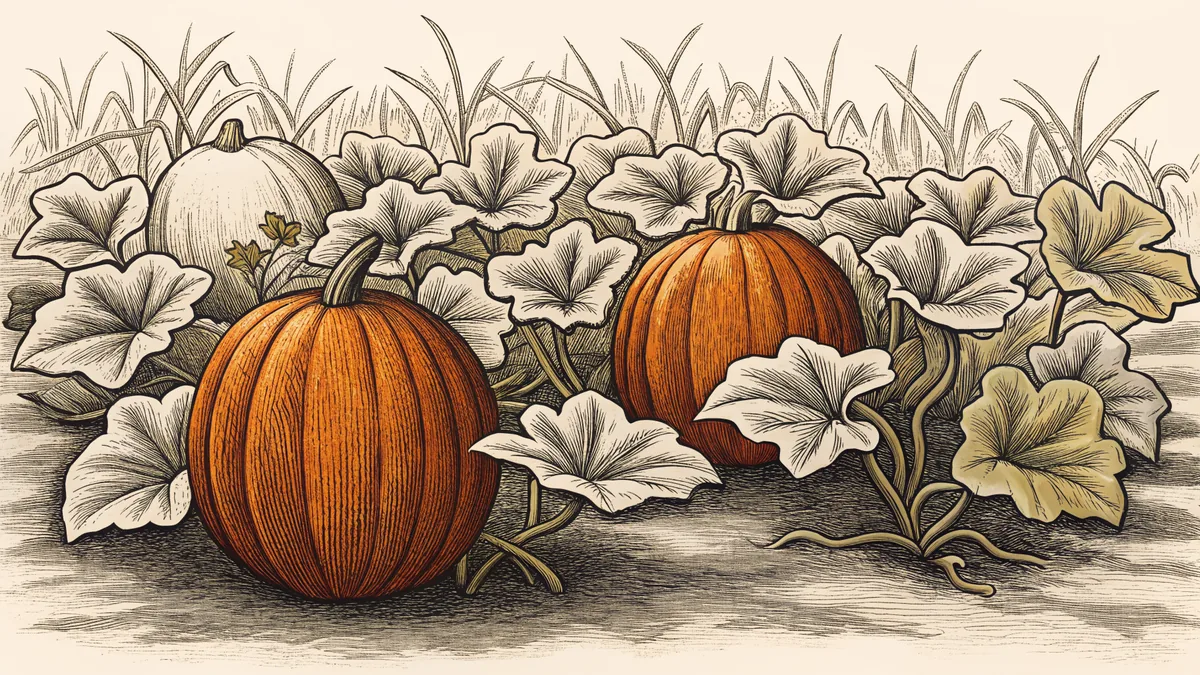Orange pumpkins grow on vines in a field with a wooden wagon of gourds.