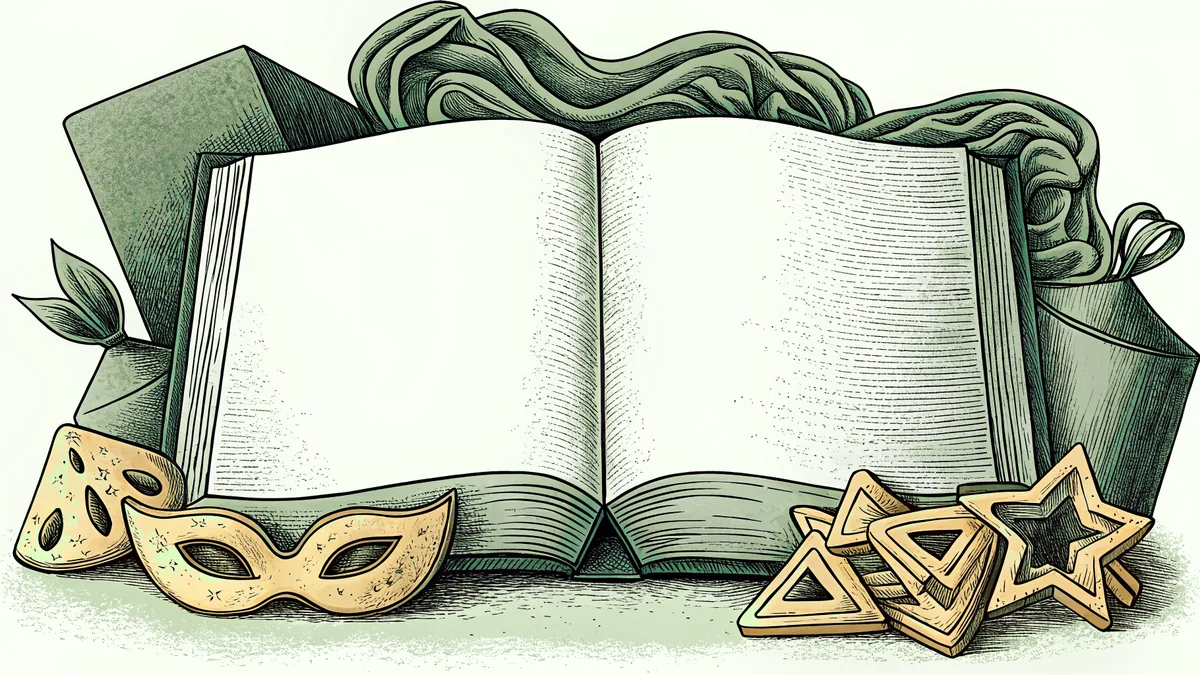 Purim celebration items including traditional pastries, festive masks, and sacred scroll displayed together.