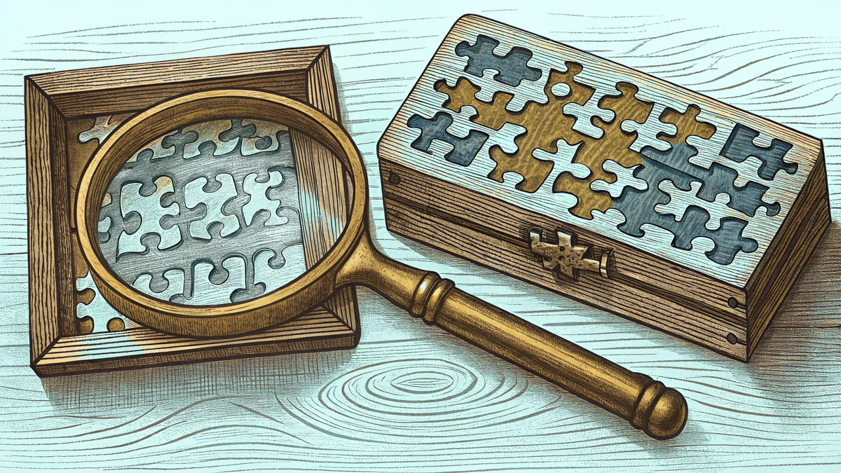 A brass magnifying glass hovers over interlocking jigsaw pieces beside a carved wooden puzzle box.