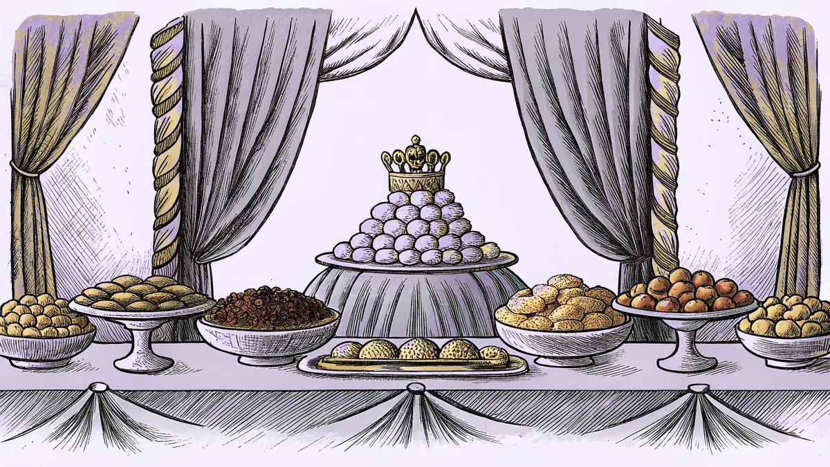 A lavish Persian banquet table laden with fine foods and royal regalia in palace halls.