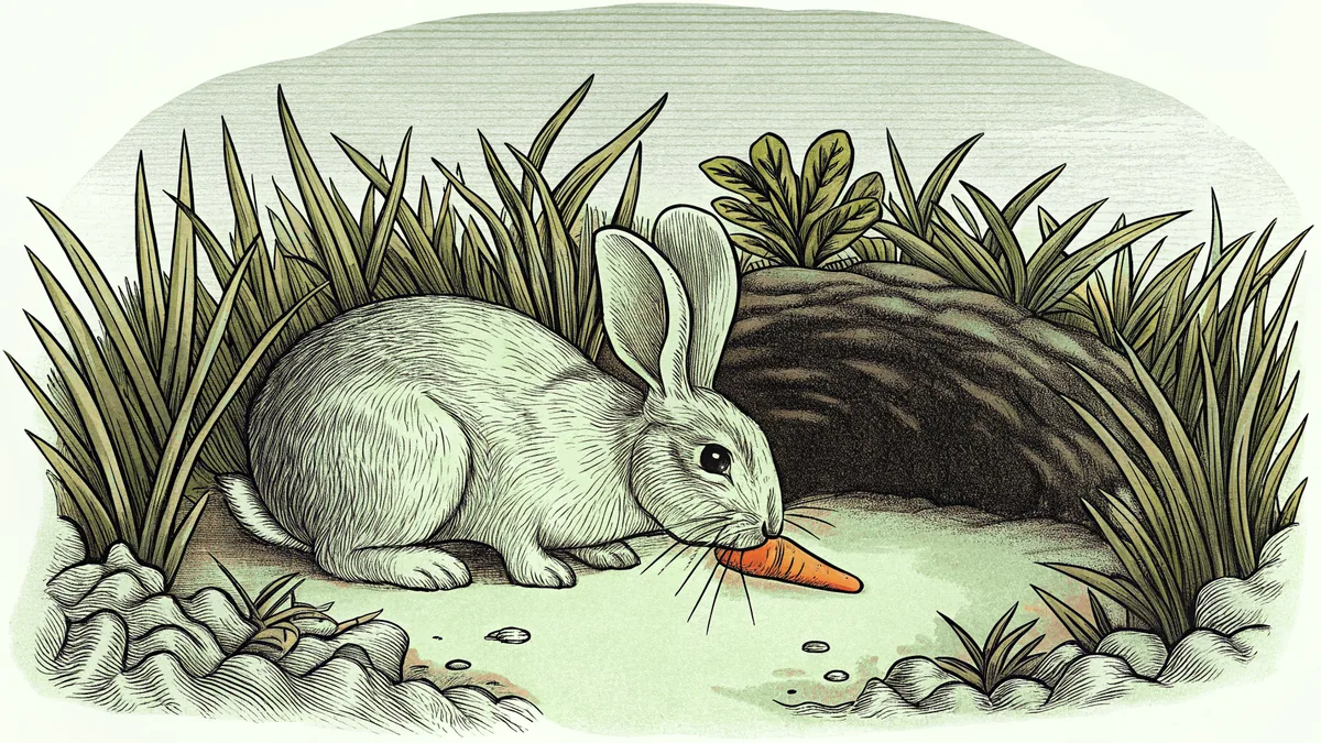 Fluffy rabbit with long ears enjoying a carrot near a grassy rabbit hole