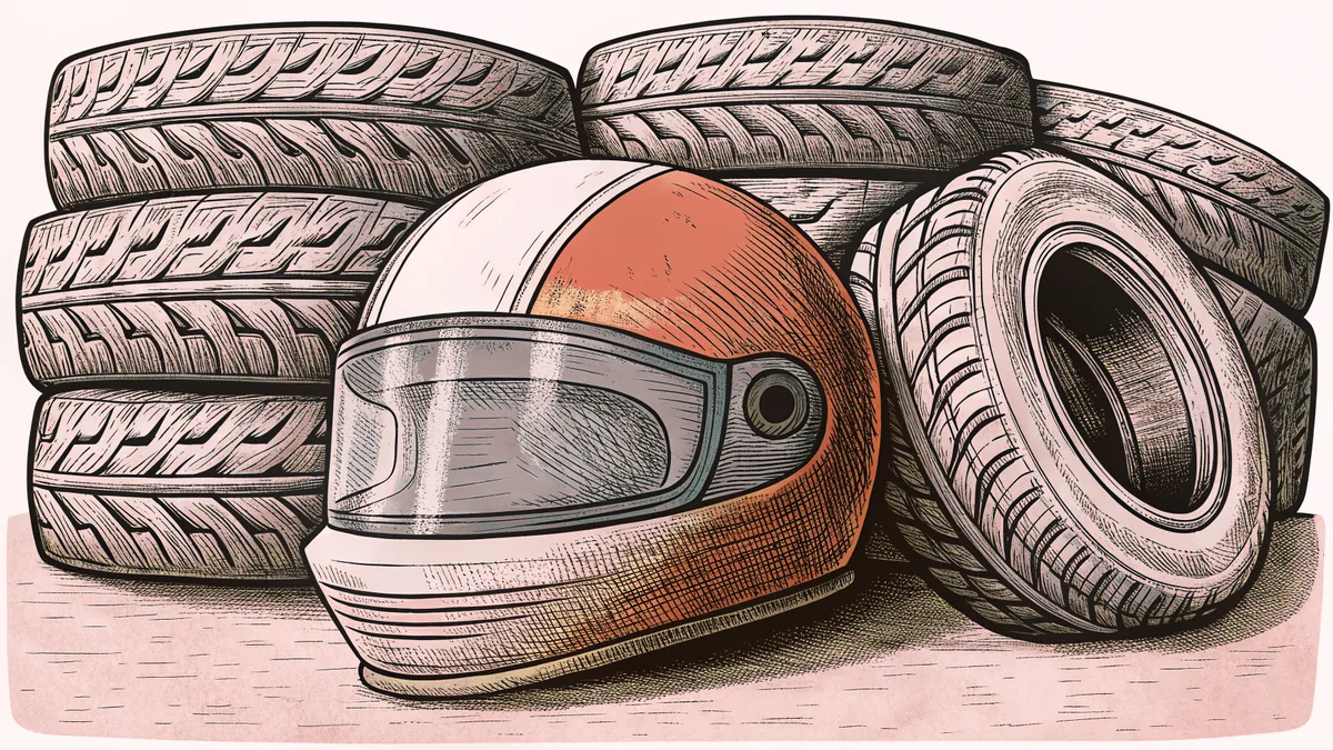 A racing helmet resting on a car's rear spoiler beside a stack of slick tires.