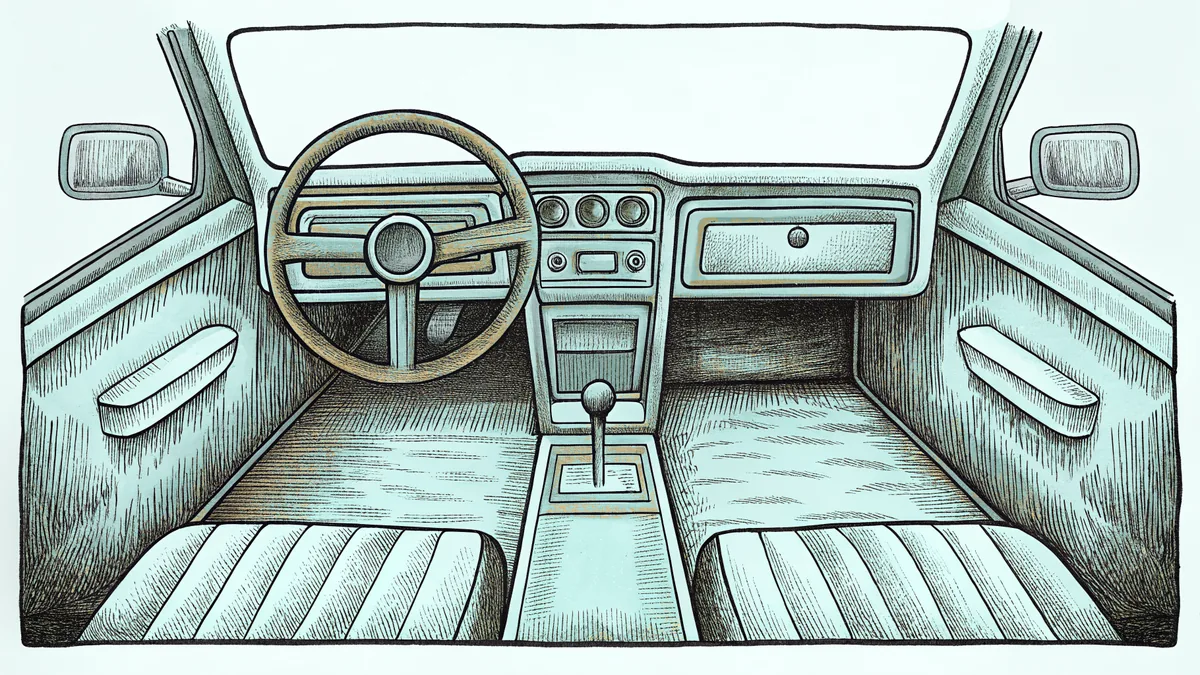 A racing cockpit rig with steering wheel, pedals and stacked spare tyres.