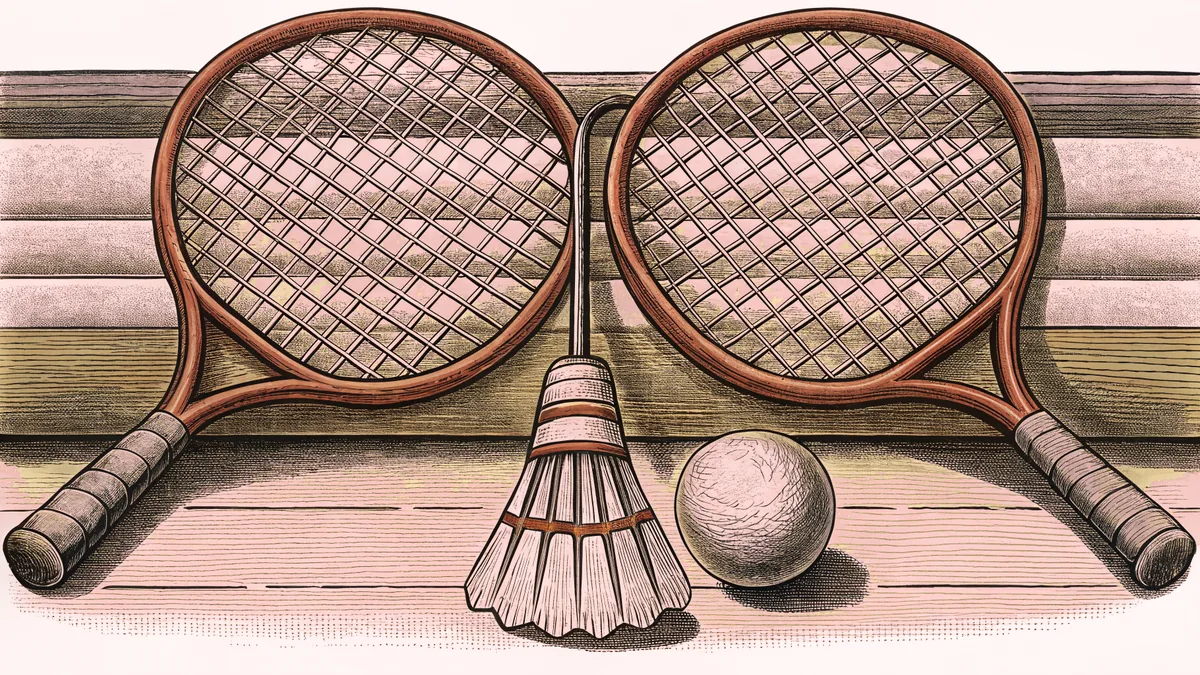 A tennis racquet with a ball and badminton shuttlecock rest on a sports court.