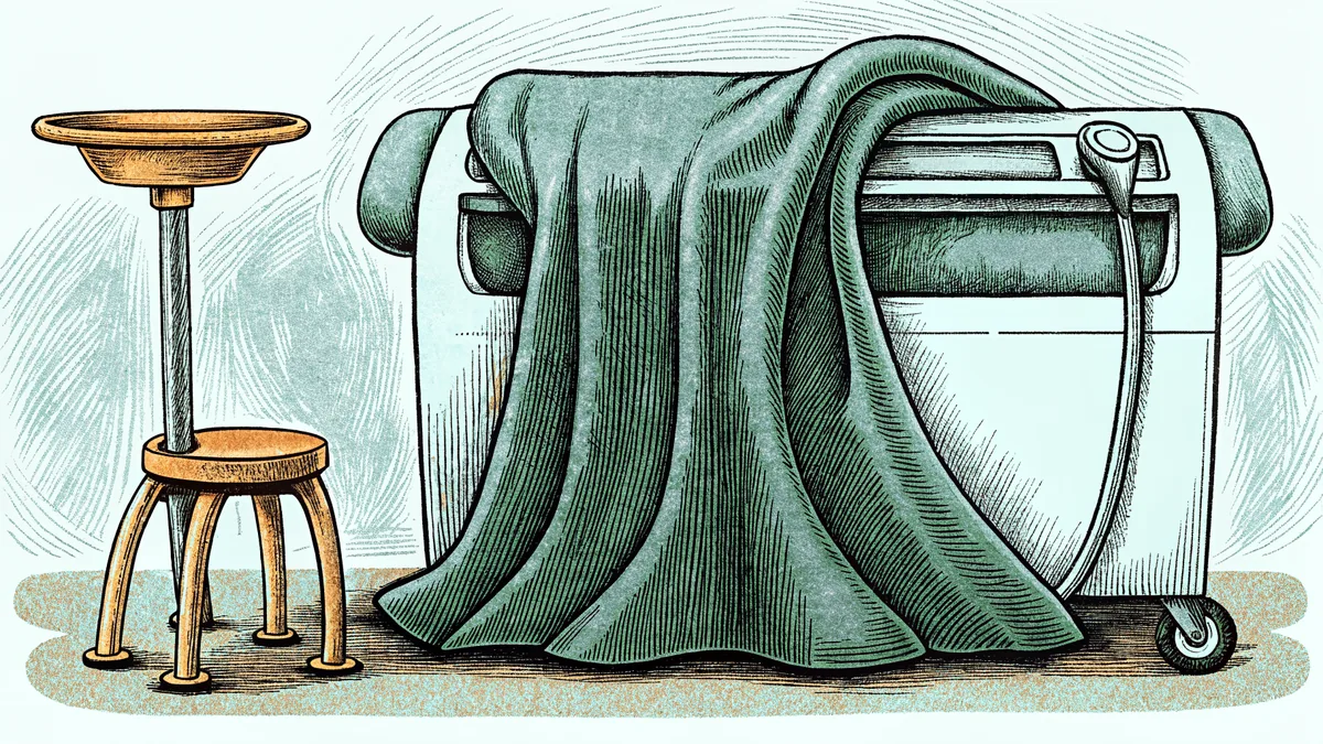 A lead apron hangs over a stool beside an ultrasound wand and a wheeled scanning arm.