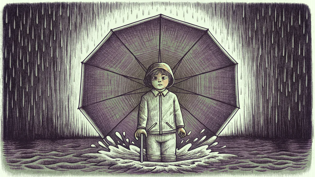 In a rain puddle, a child splashes beneath an umbrella