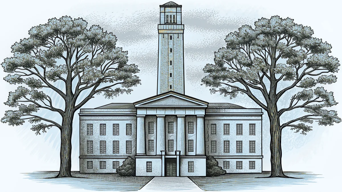 Towering oak trees frame NC State's bell tower in downtown Raleigh.