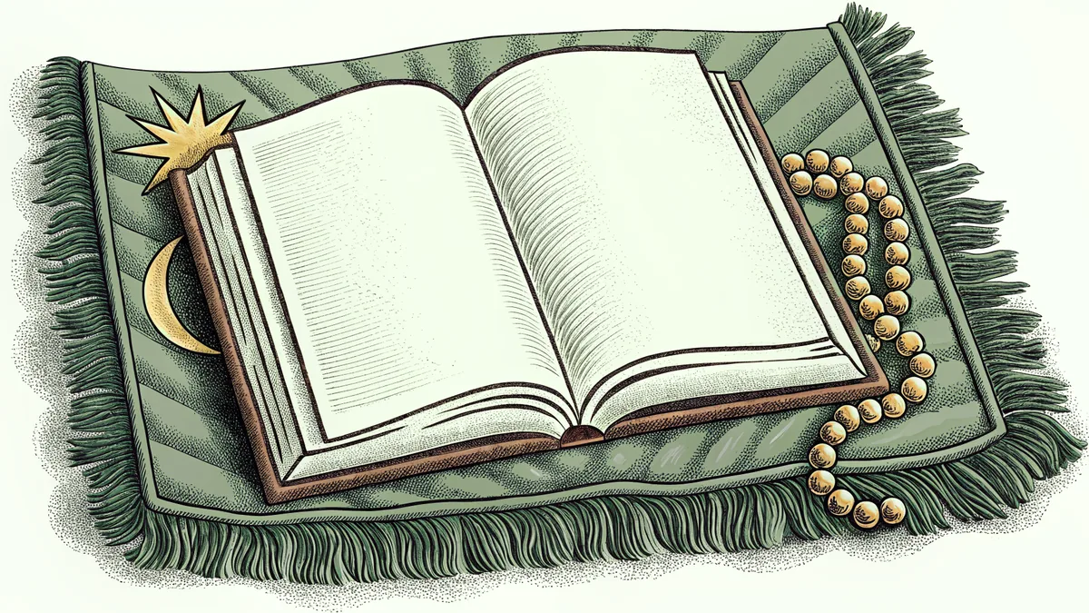 A spiritual Ramadan scene with prayer mat, sacred text, and crescent moon illuminating devotion.