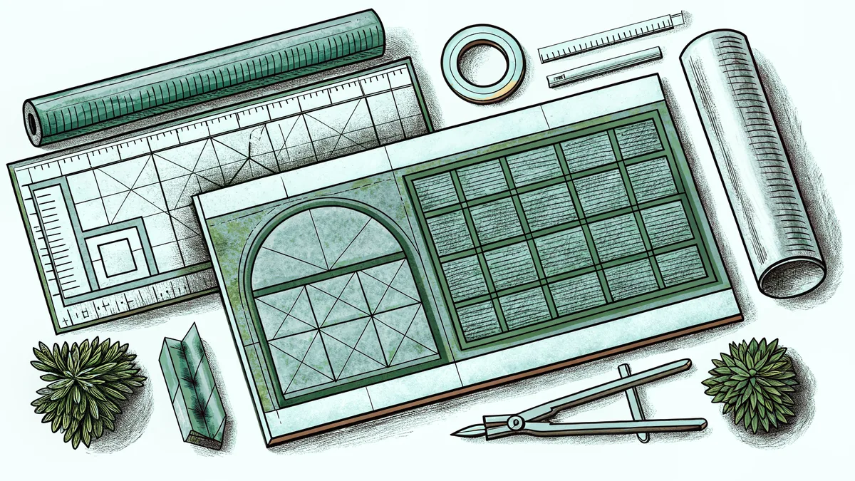 Proportional scale diagrams arranged with various measuring rulers and mathematical tools on a workspace.