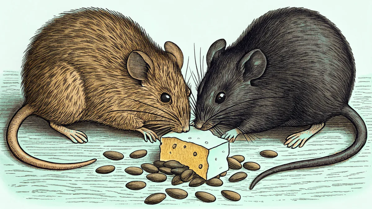 Pet rats and mice gather around chunks of cheese and seeds
