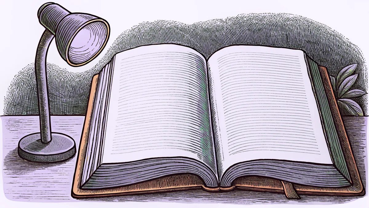 An open book with blank pages lies on a desk beside a reading lamp and a woven bookmark.