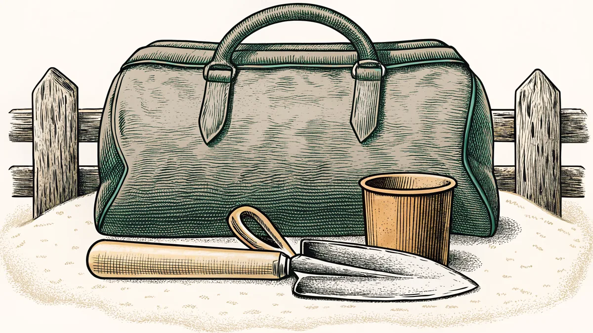 A carpet bag beside a wood-handled trowel and a small wooden pail.