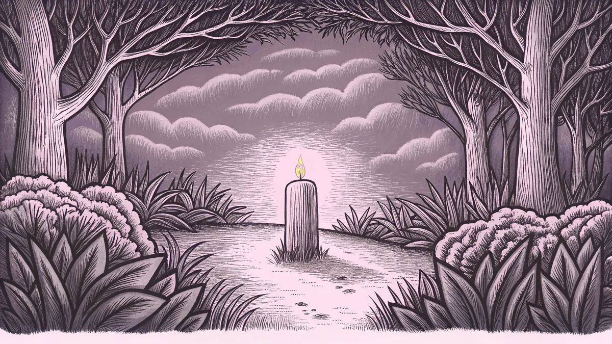 A lit candle and a stone milestone marker sit along a quiet path at sunrise.