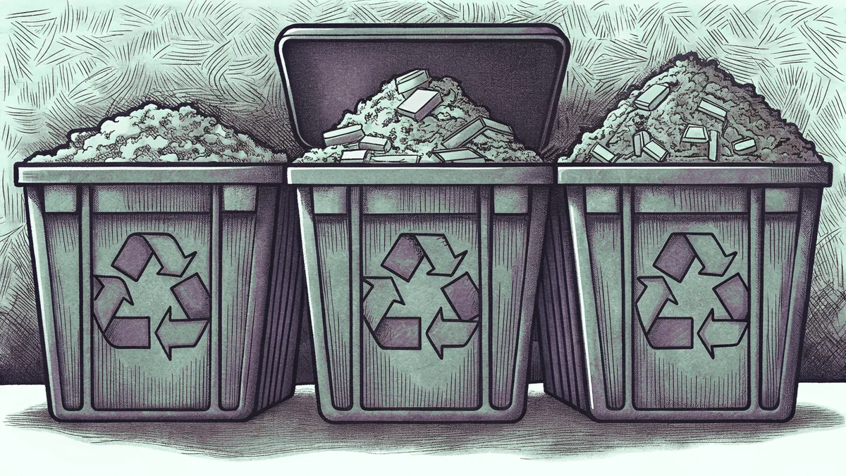 Sorted recyclables in bins and a compost heap organized for waste reduction.