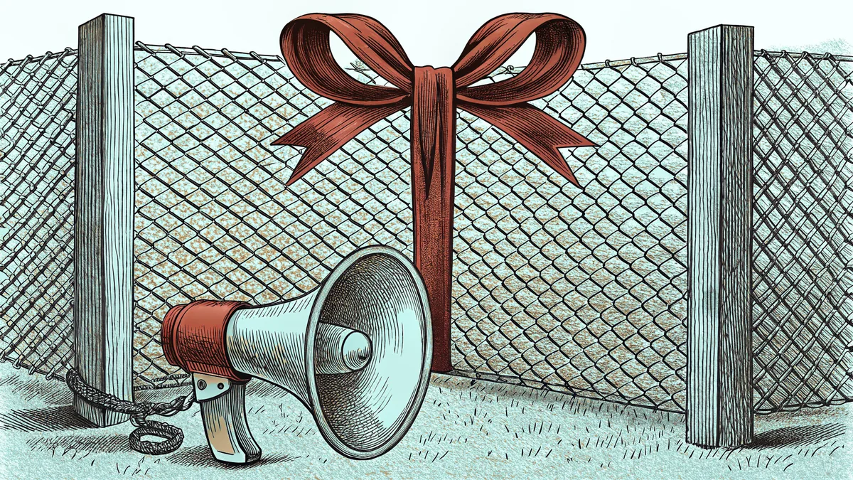 A red ribbon tied to a chain-link fence next to a megaphone.