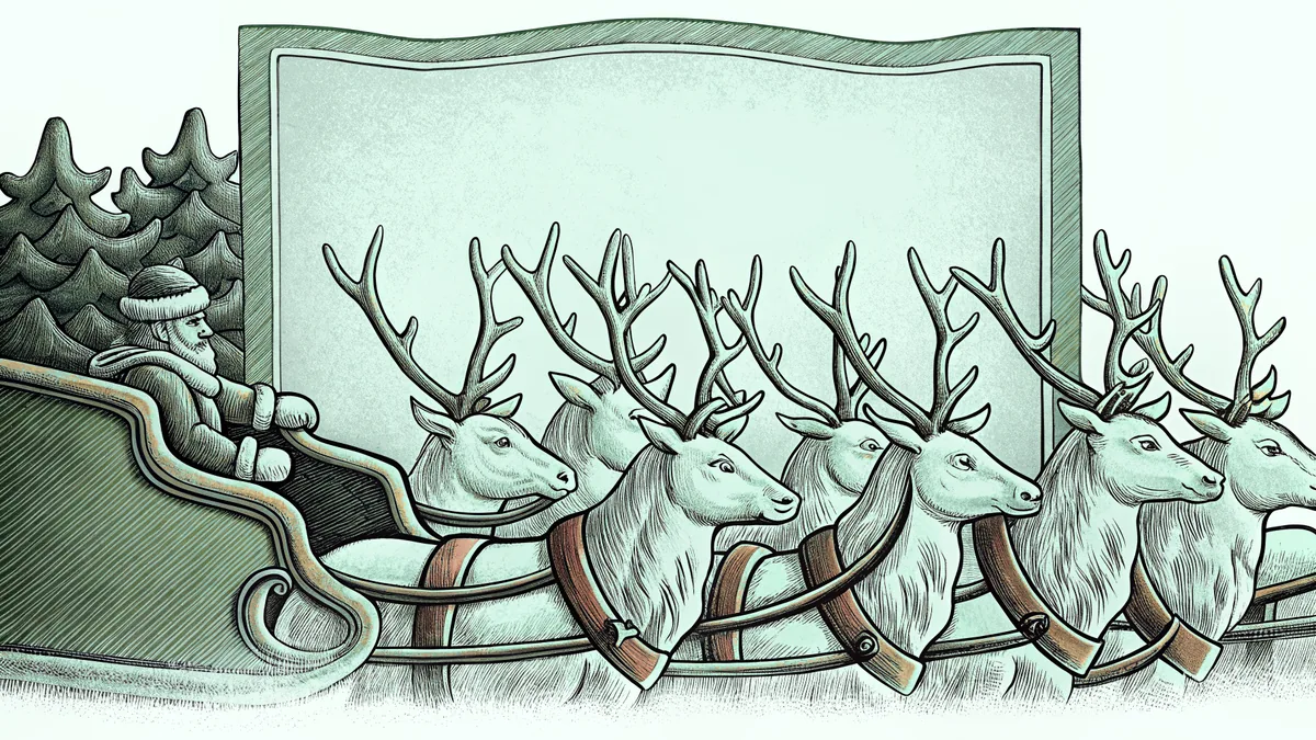 Eight reindeer harnessed in festive gear, ready to pull a sleigh through snow.
