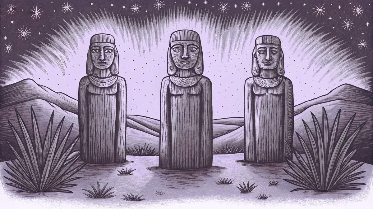 Stone shrines rise from golden deserts beneath a canopy of stars.