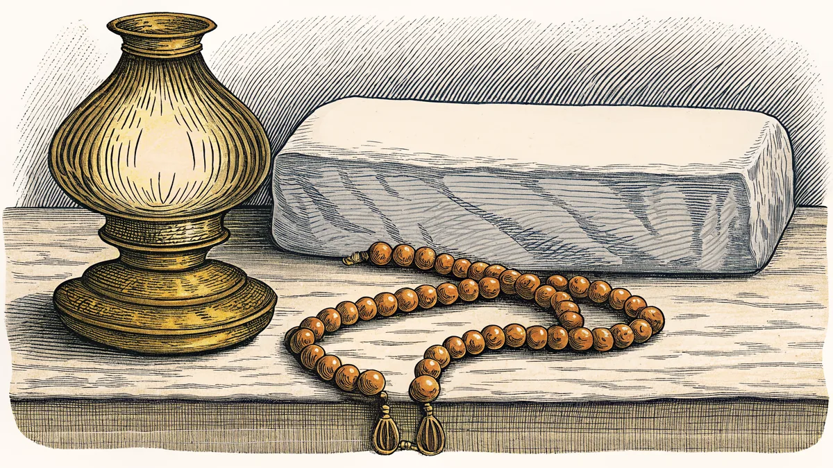 A brass oil lamp beside a looped string of prayer beads on a wooden tabletop.