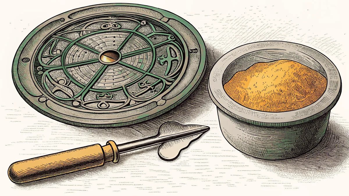An engraved astrolabe covered in dial markings, a wooden-handled chisel, and a shallow pot heaped with ground pigment.