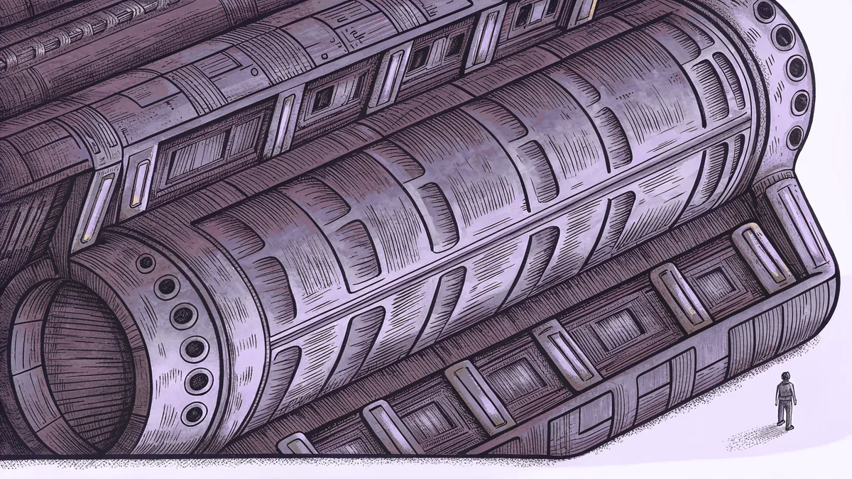 A massive cylindrical alien spacecraft towers over a human vessel in space.