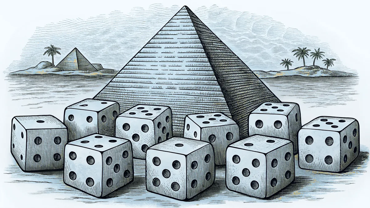 Casino dice on a gaming table with Pyramid Lake mountains beyond.