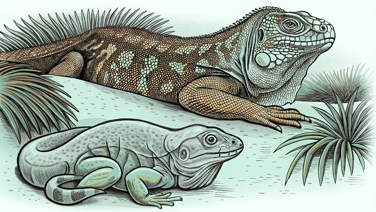 A Komodo dragon rests near a colorful chameleon and python.