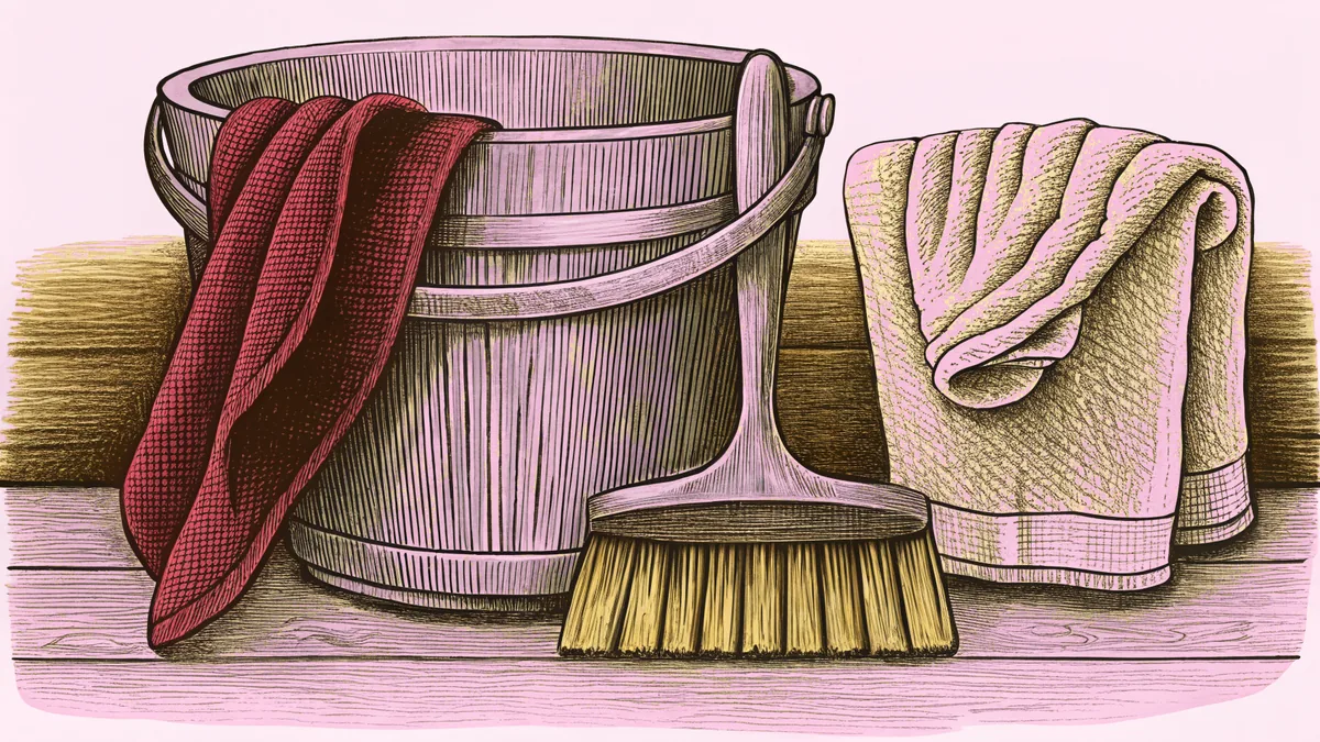 A wooden pail with a cloth draped over it, beside a broom head and a folded towel.