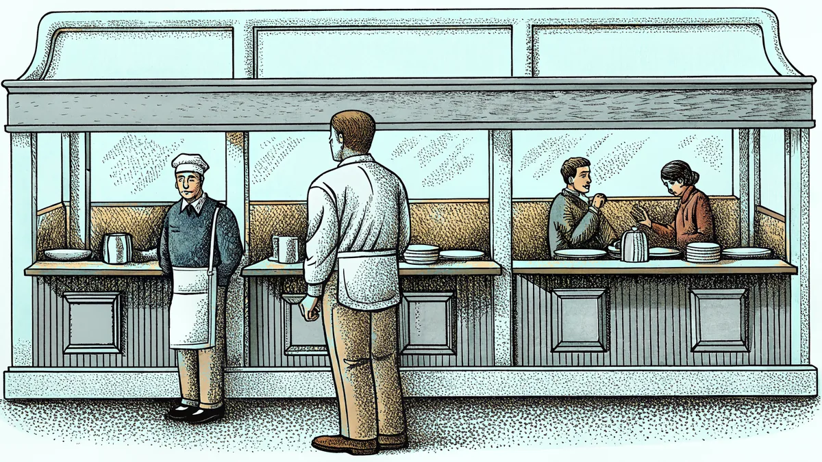 Restaurant interior showing kitchen staff and servers assisting at tables.