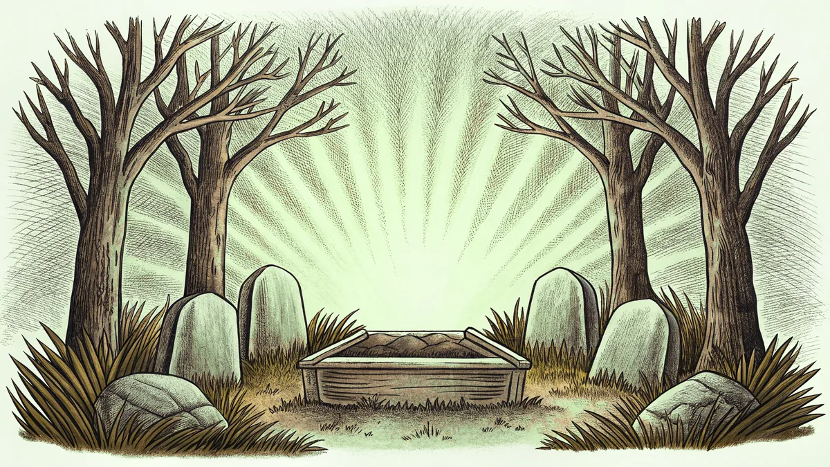 Radiant light pours from an empty tomb as the massive stone lies cast aside.
