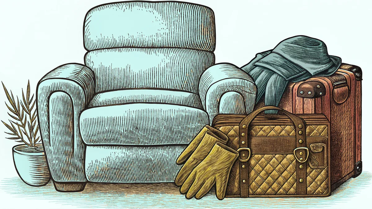 A recliner chair rests beside a packed suitcase and a pair of gardening gloves.
