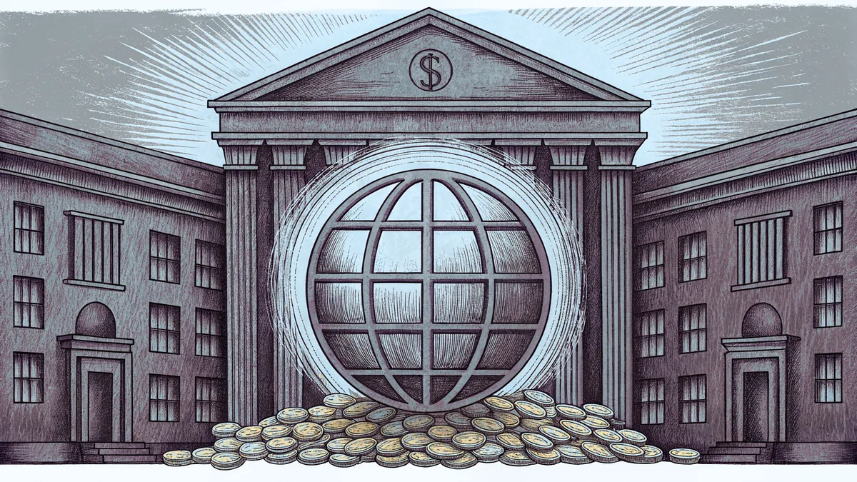 A globe encircled by golden coins and wealth symbols of prosperous nations.