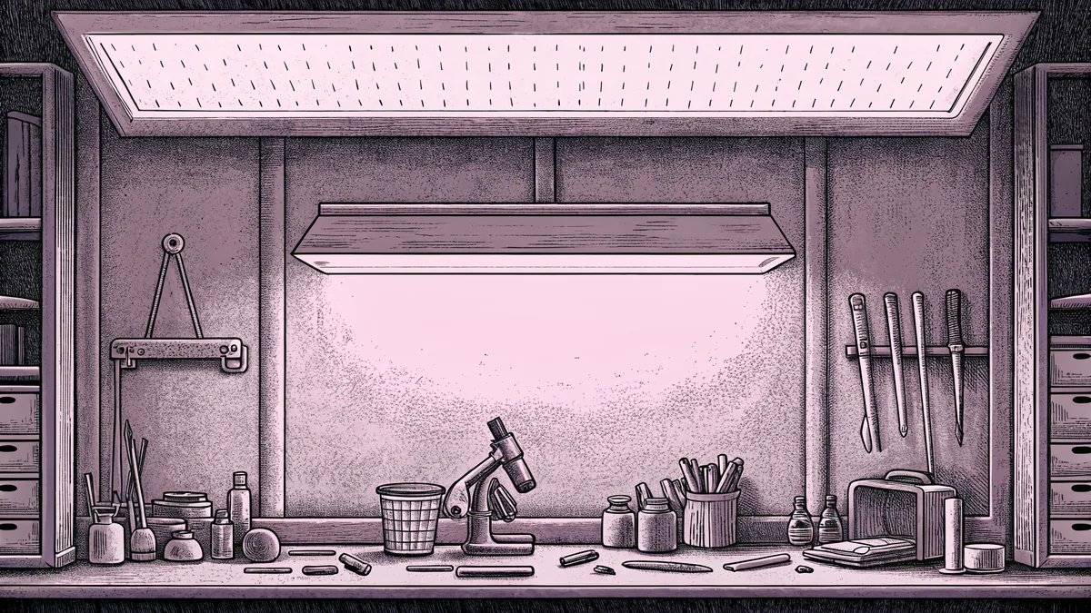 A garage workbench holds scattered scientific equipment, beakers, and a microscope under bright lights.