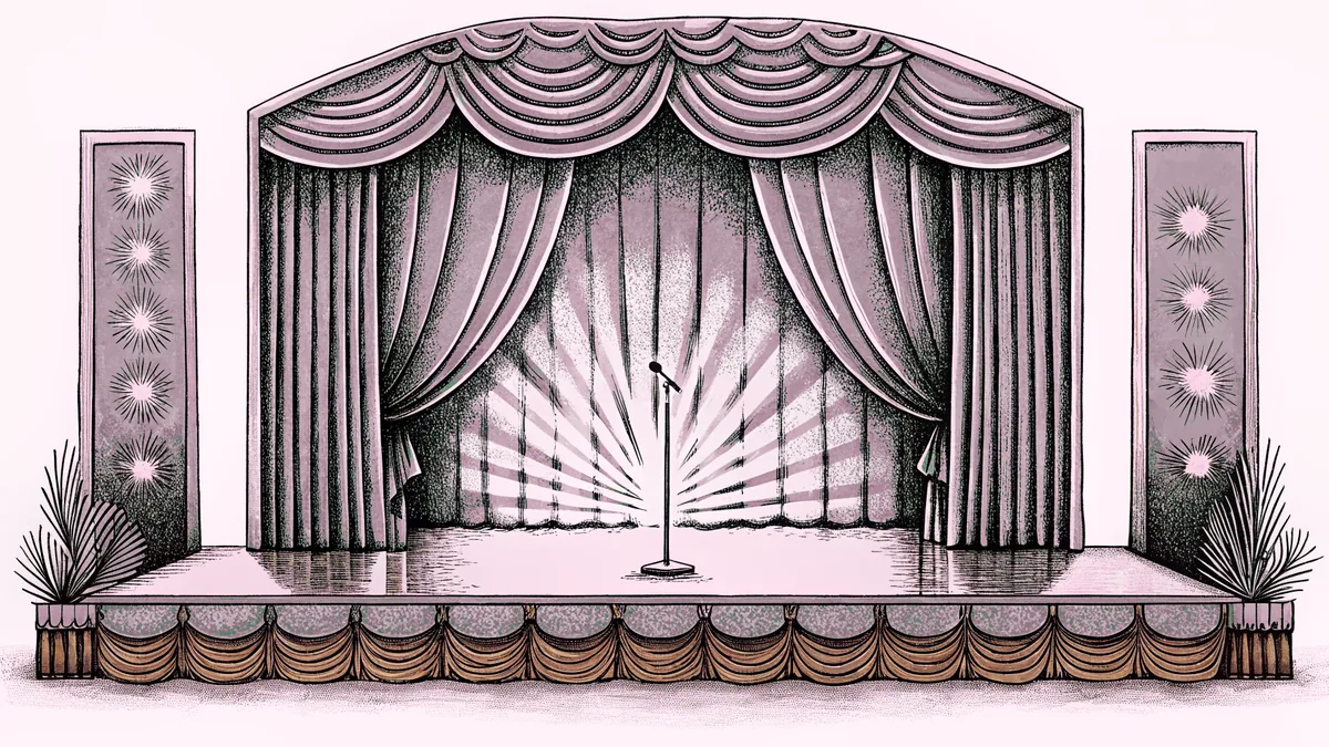 A concert stage features a microphone with sparkles and light reflections across a polished dance floor.