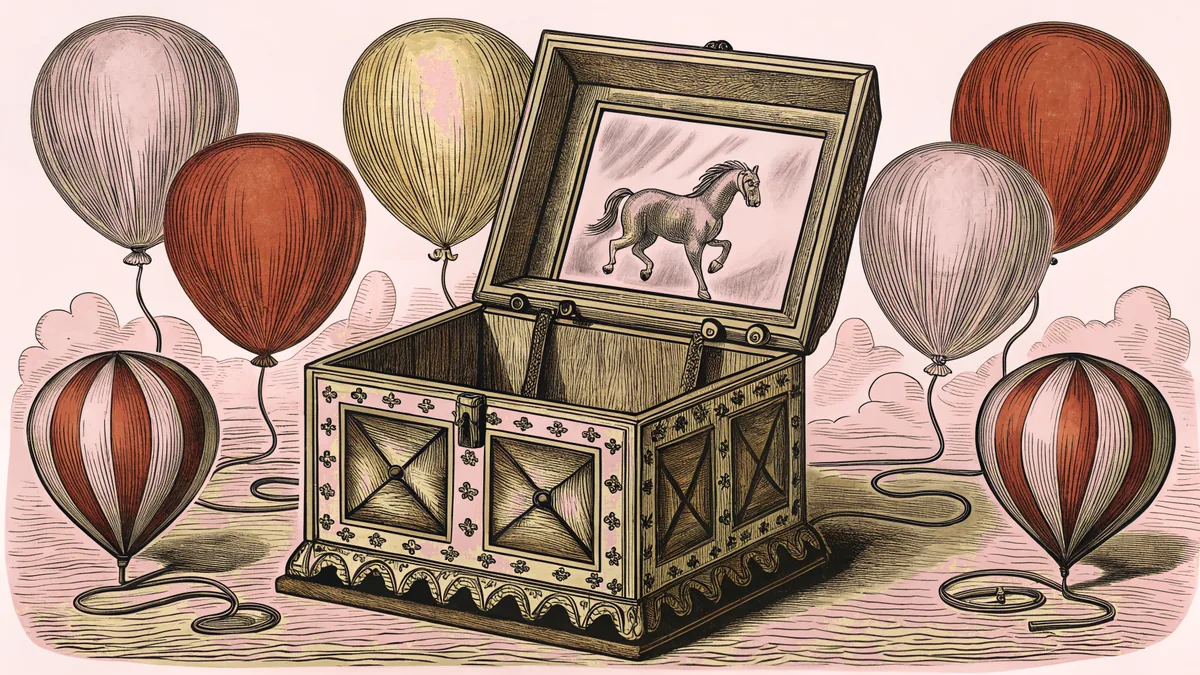 A delicate music box with spinning carousel horse stands near party balloons and a reflective surface.