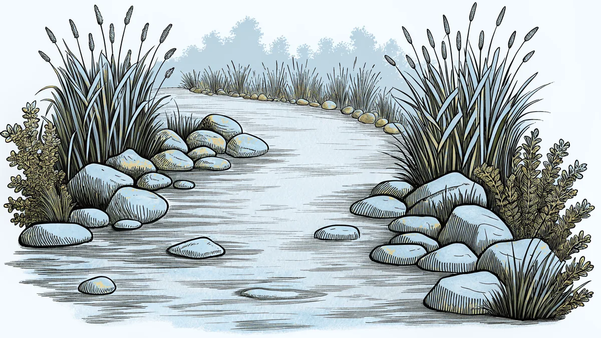 Riverside scene with reeds, pebbles, shallow water, and a jetty.