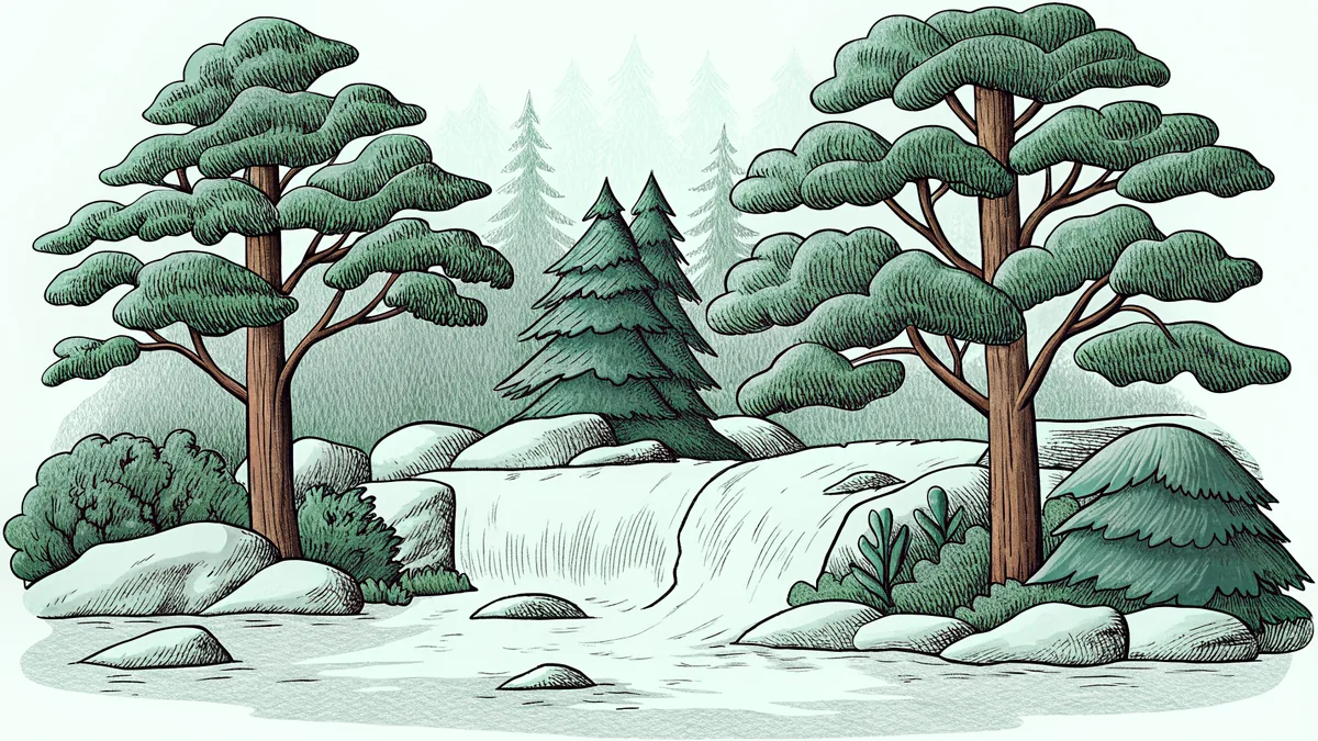 Winding river with waterfalls and rapids flowing through varied landscape terrain.