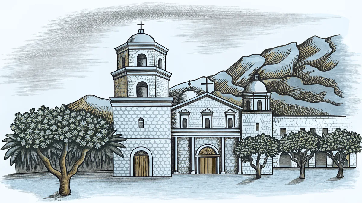Orange trees flourish near a historic Spanish mission and grand theater in a natural canyon