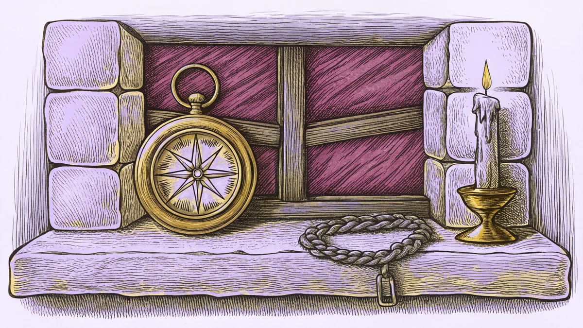 A brass pocket watch rests beside a compass and a lit candle on a stone ledge.