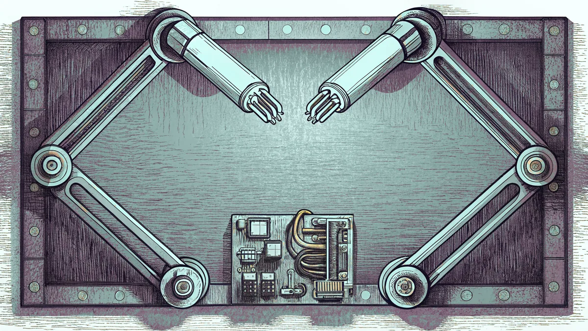 A robotic arm with metallic joints, circuit board, motor, and gripper hand.