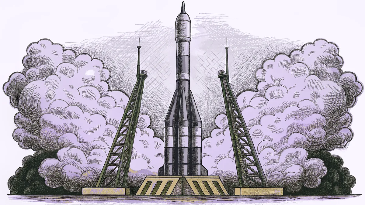 Multi-stage rocket igniting at the launch pad with spectacular flames erupting beneath the fuselage.