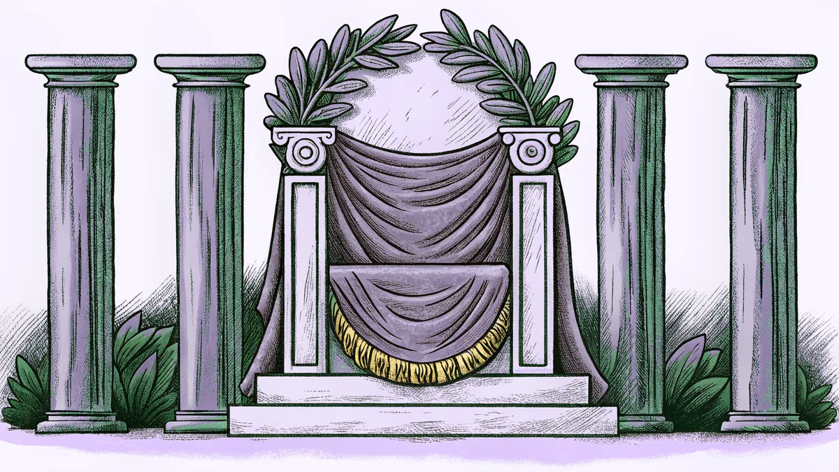 Marble throne adorned with a toga and laurel wreath surrounded by towering stone columns.